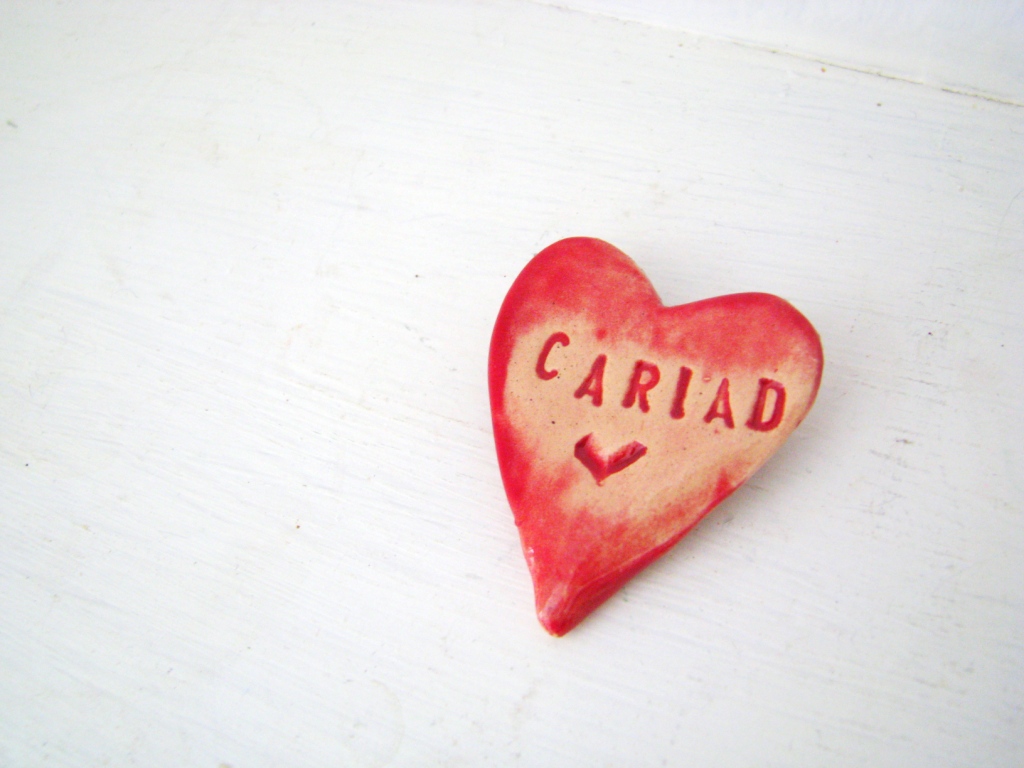 Cariad (love In Welsh) Heart Brooch / Pin / Button / Badge. Ceramic. Made In Wales, Uk