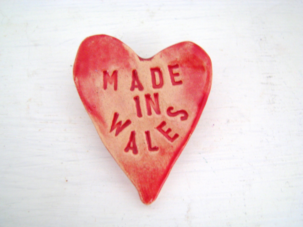 Made In Wales - Heart Brooch / Pin / Button / Badge. Ceramic. State Your Origin...