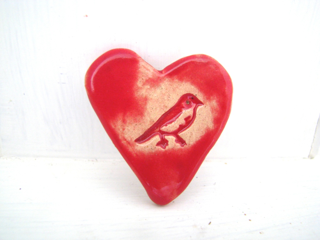 Birdie Heart Brooch / Pin / Button / Badge. Ceramic. Made In Wales, Uk
